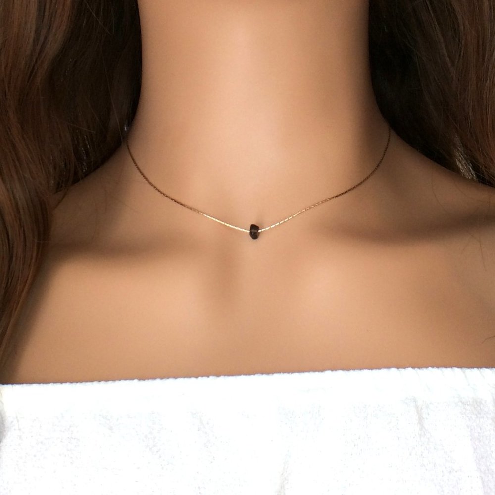 Tiny Smoky Quartz choker necklace, 14k gold filled, crystal healing